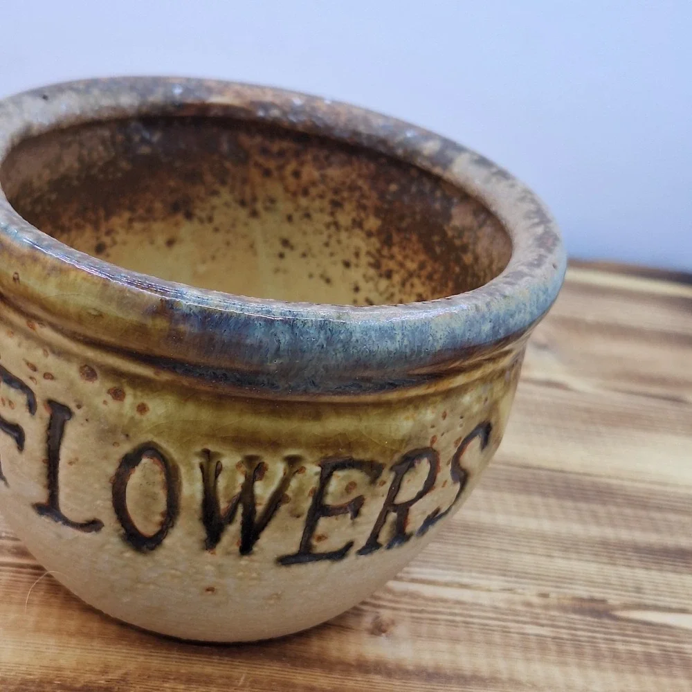 Mini Ceramic‎ Flower Pot Green Glazed Ring On Tan 3.5
